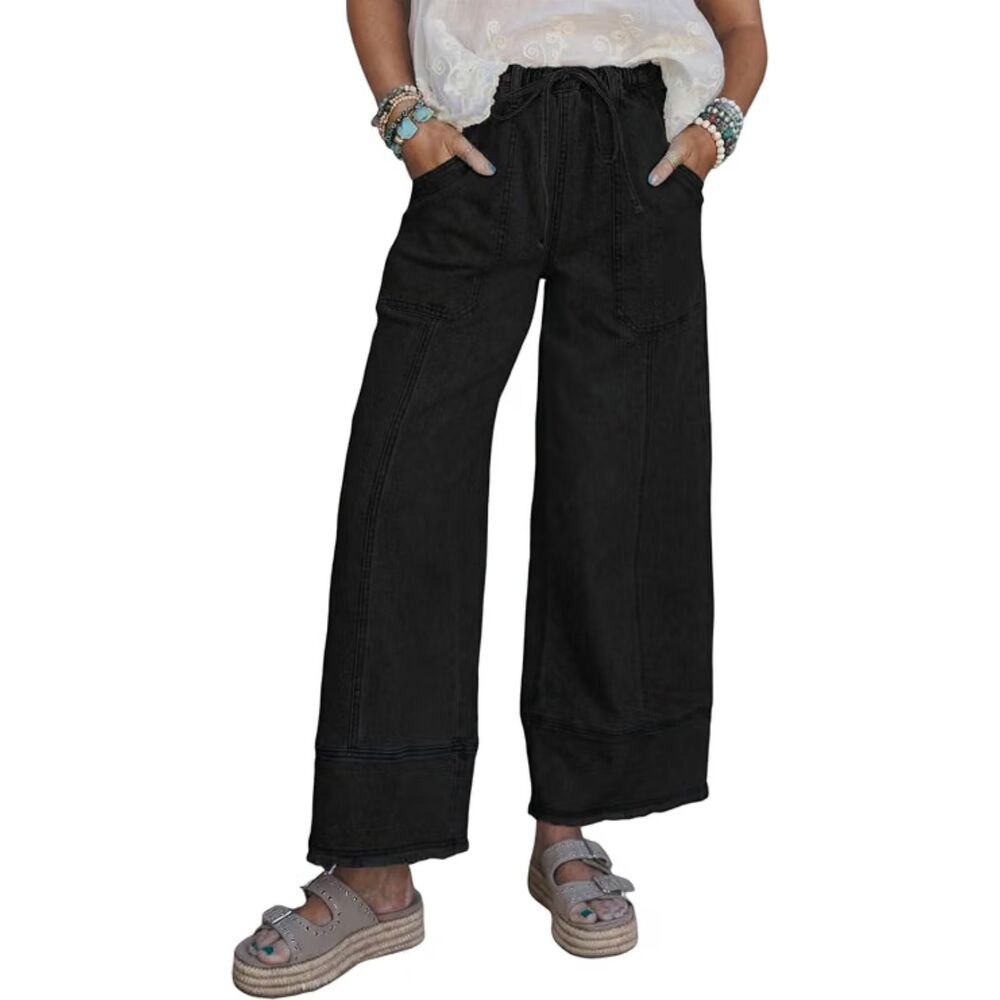 Wide Leg High Waisted Baggy Stretchy Drawstring Denim Pants, Size 10, 3G-207B005